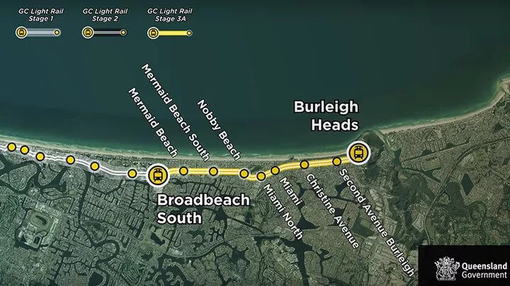 The Queensland state government has announced a $351 million commitment towards the next stage of the Gold Coast Light Rail that would connect the southern Gold Coast to the remainder of the line. Stage 3A will extend the existing route by seven kilometres from Broadbeach South to Burleigh Heads and includes eight new train stations. Premier Annastacia Palaszczuk expects it would take around three years to build Stage 3A, with the possibility of trams operating to Burleigh Heads by 2023.