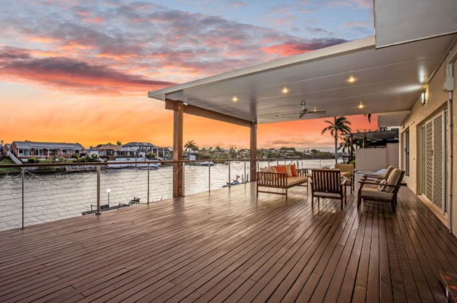 The five-bedroom home offers wide water views and is perfect for entertaining. 