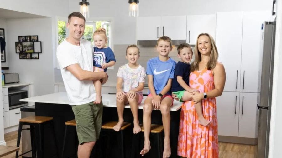 Cameron and Emma Boyd with their children, Phoebe, 2, Lucy, 7, Henry, 9, and Thomas, 5, at the Cannon Hill home they are selling. Picture: Richard Walker.